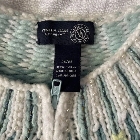 Handmade Womens Knit Cardigan With Floral Yoke Design Size M Pastel Mint Green & - Picture 7 of 8